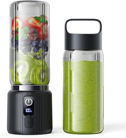 Portable Blender, Small Smoothie & Shake Maker with 8 Blades, Compact Personal Blender with LED Display, USB C Rechargeable Juice Mixer with Extra Lid for Travel, Gym, Home, 17oz, Black